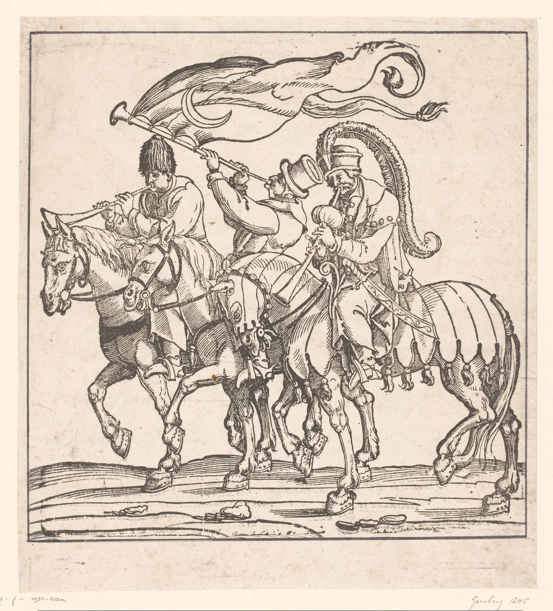 Drie Turkse muzikanten te paard by anonymous, print, 1530