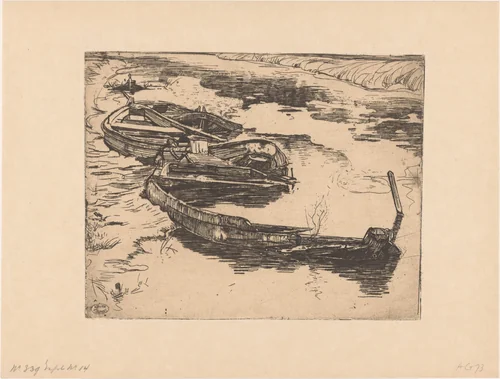 Drie weggezonken roeiboten in een sloot by Pieter Dupont, print, 1895