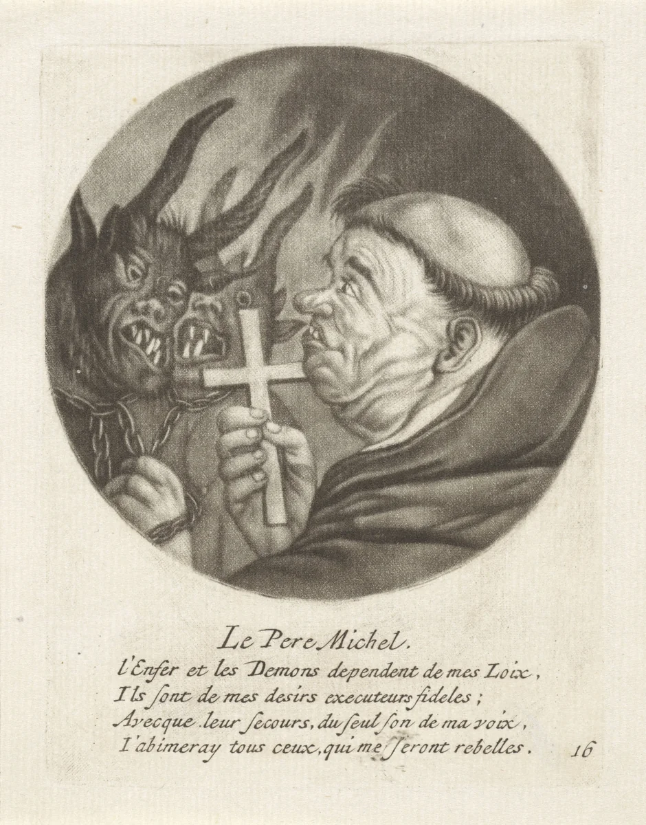 Monnik met duivels by Jacob Gole, print, 1670-1724