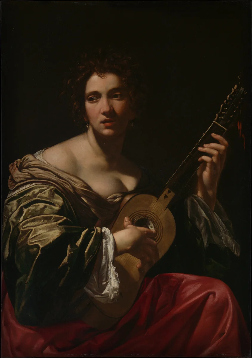 Woman Playing a Guitar by Simon Vouet, painting, 1613-1623