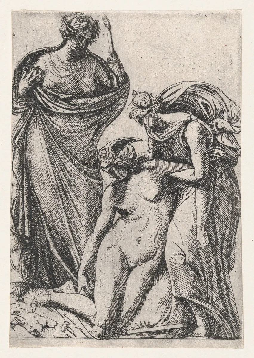 Study supporting the fainting personification of Sculpture; standing next to them, France as a draped woman holding crown and sceptre by Pierre Biard II, print, 1607-1661