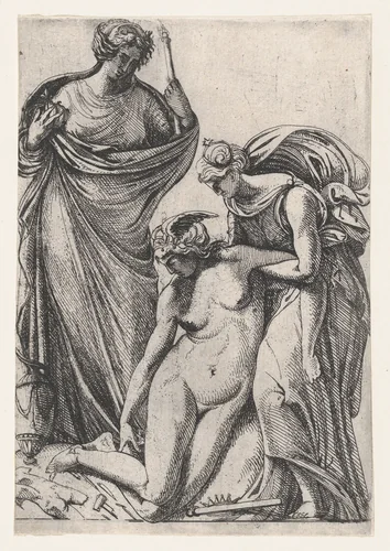 Study supporting the fainting personification of Sculpture; standing next to them, France as a draped woman holding crown and sceptre by Pierre Biard II, print, 1607-1661