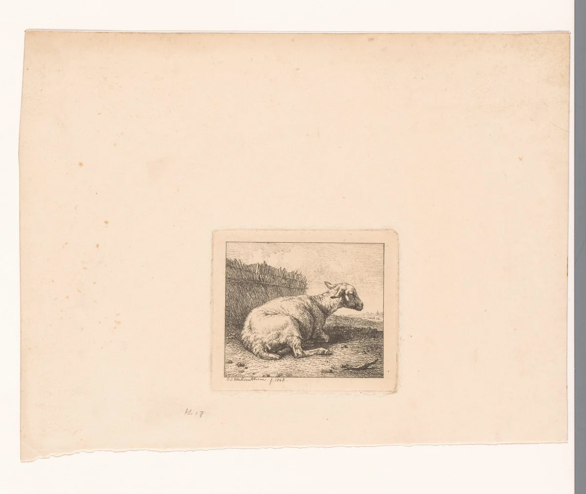 Schaap liggend voor rieten afrastering by Eugène Verboeckhoven, print, 1828