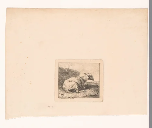 Schaap liggend voor rieten afrastering by Eugène Verboeckhoven, print, 1828