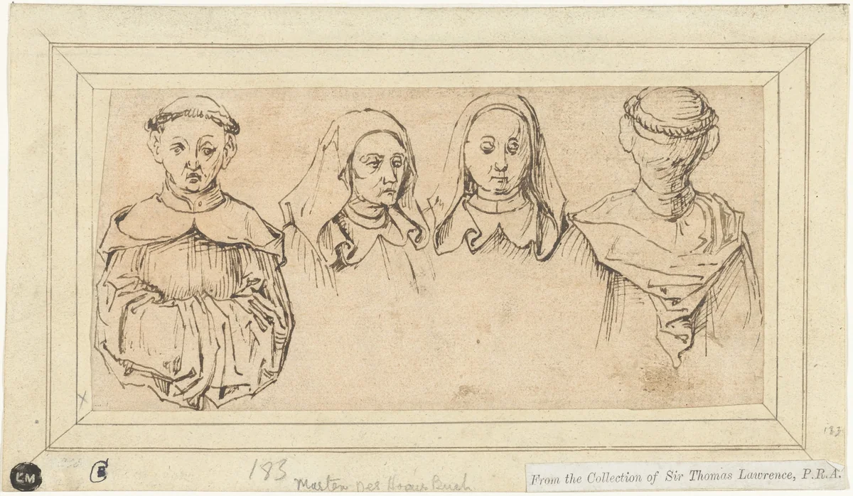 Studieblad met vier koppen by Meester der Coburger Rundscheiben, drawing, 1475-1500