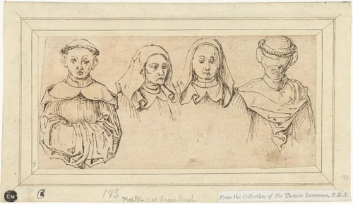 Studieblad met vier koppen by Meester der Coburger Rundscheiben, drawing, 1475-1500