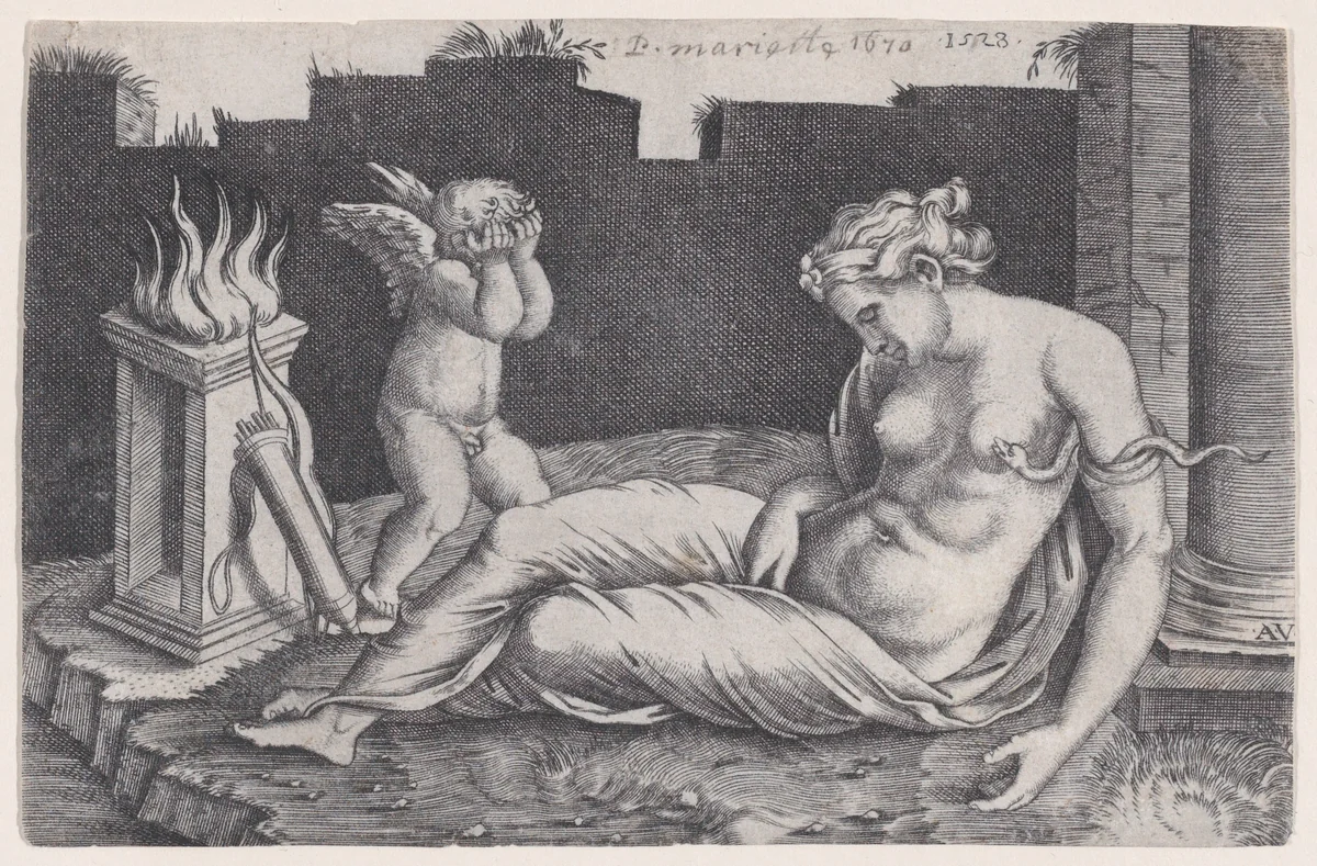 Cleopatra by Agostino Veneziano, print, 1523-1533