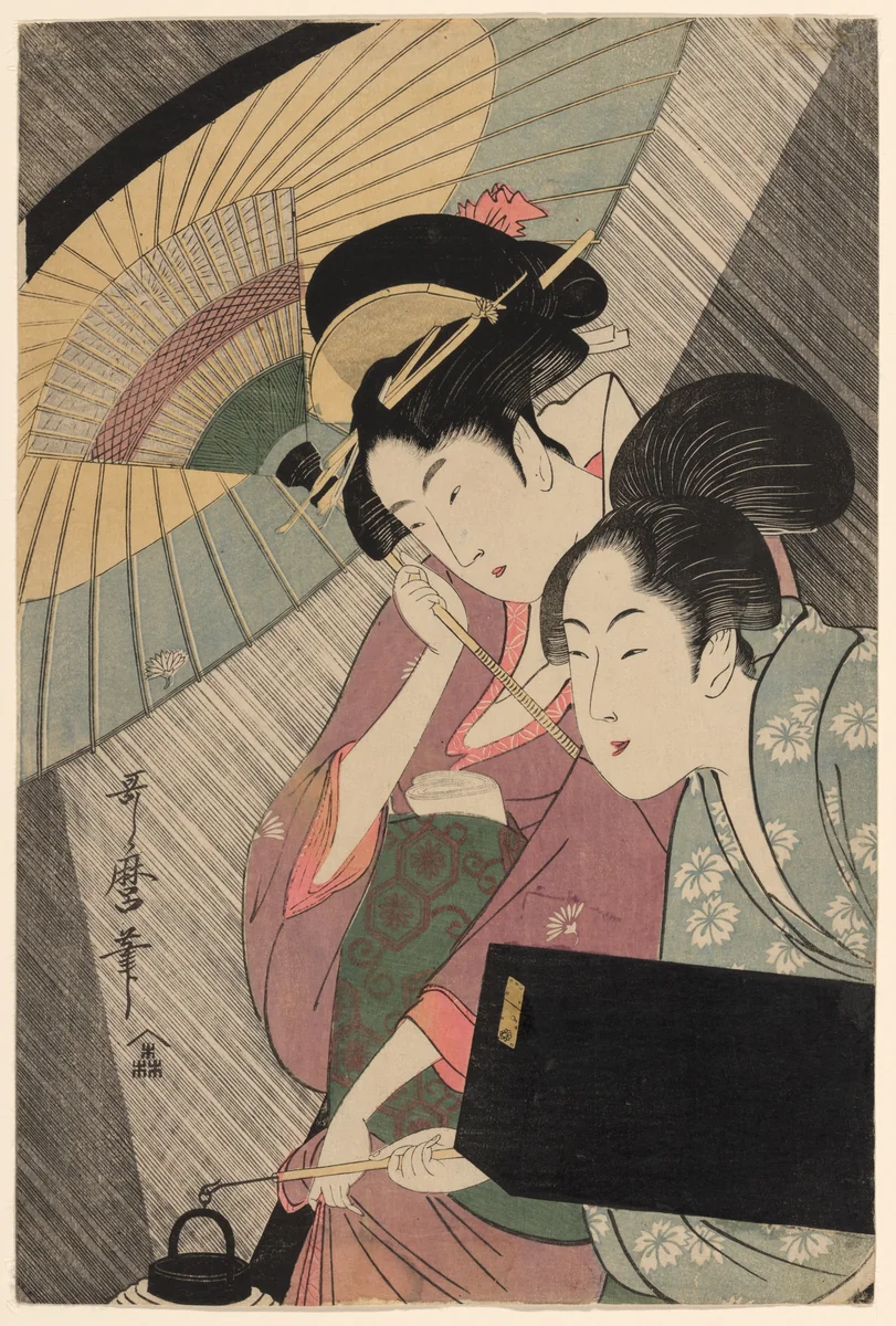 Geisha and Attendant on a Rainy Night by Kitagawa Utamaro (喜多川歌麿), print, 1792-1802