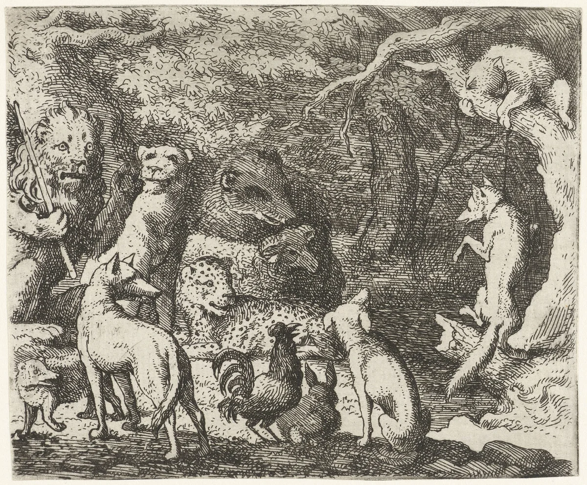 Reinaert de vos vraagt toestemming om te bekennen by Allaert van Everdingen, print, 1665-1675