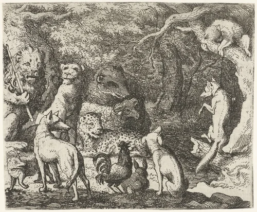 Reinaert de vos vraagt toestemming om te bekennen by Allaert van Everdingen, print, 1665-1675