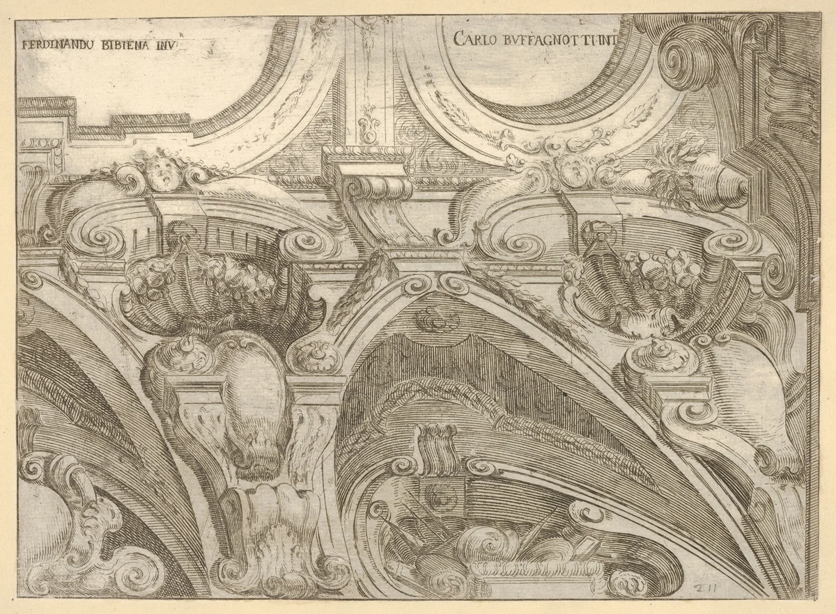 Architectural detail of an elaborate cornice, seen from below by Carlo Antonio Buffagnotti, print, 1680-1710