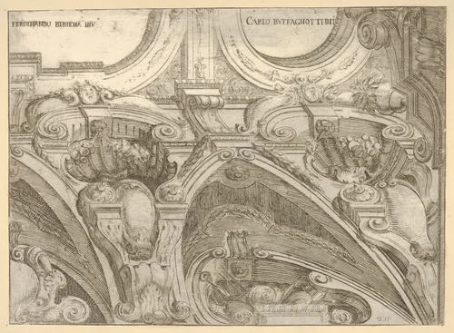 Architectural detail of an elaborate cornice, seen from below by Carlo Antonio Buffagnotti, print, 1680-1710