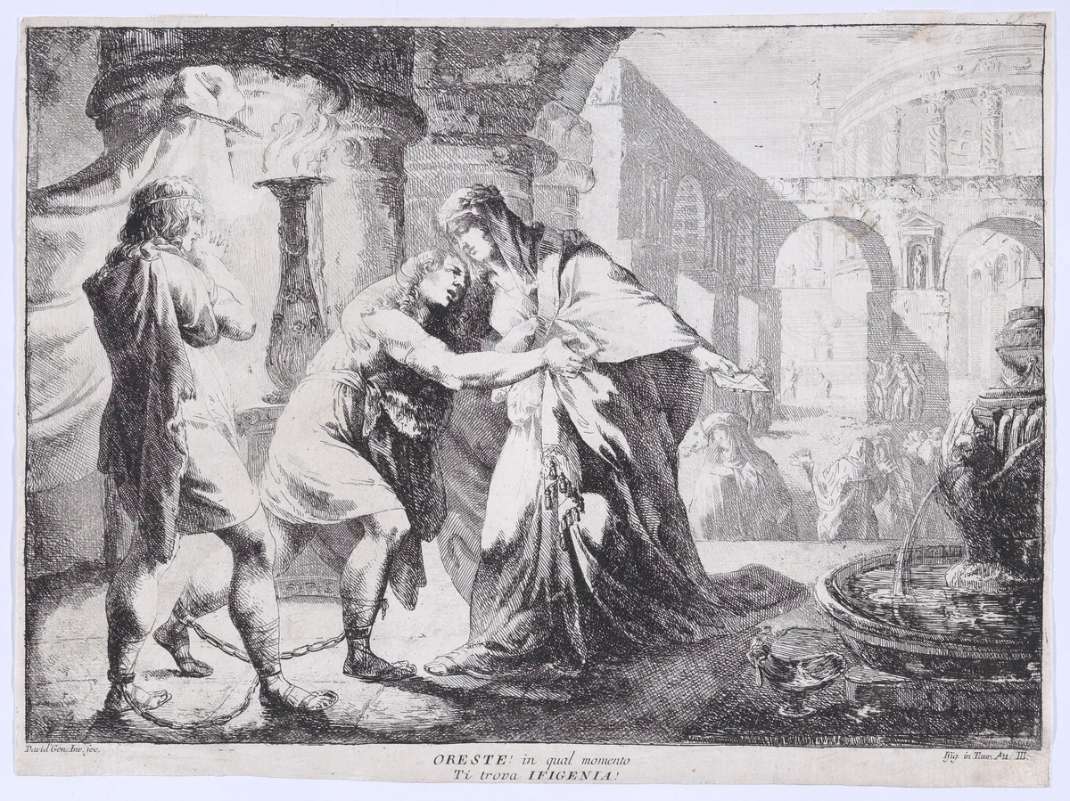 Iphigenia accompanied by Pylades recognises Orestes, whom she is about to sacrifice by Giovanni David, print, 1776