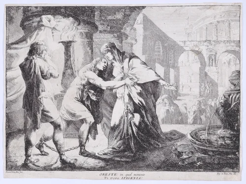 Iphigenia accompanied by Pylades recognises Orestes, whom she is about to sacrifice by Giovanni David, print, 1776