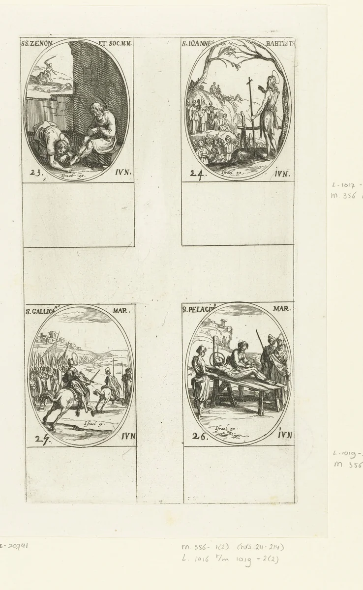 Heilige Zeno en gezellen, Heilige Johannes de Doper, Heilige Gallicanus van Rome, Heilige Pelagius van Cordoba (23-26 juni) by Jacques Callot, print, 1632-1636