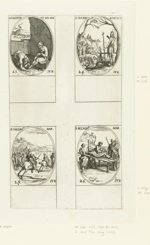 Heilige Zeno en gezellen, Heilige Johannes de Doper, Heilige Gallicanus van Rome, Heilige Pelagius van Cordoba (23-26 juni) by Jacques Callot, print, 1632-1636