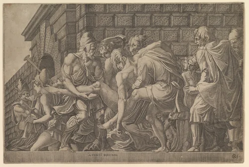 The Wounded Paris Carried from the Field of Battle by Master FG, print, 1540-1560
