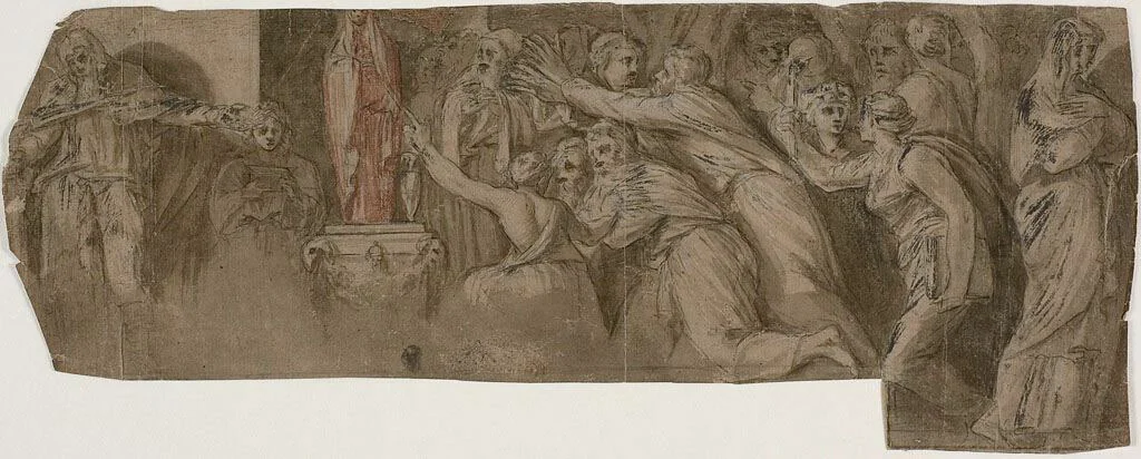 Story of Niobe: Priests and Worshippers before a Statue of Niobe by Polidoro Caldara, drawing, 1600-1699