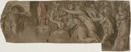 Story of Niobe: Priests and Worshippers before a Statue of Niobe by Polidoro Caldara, drawing, 1600-1699