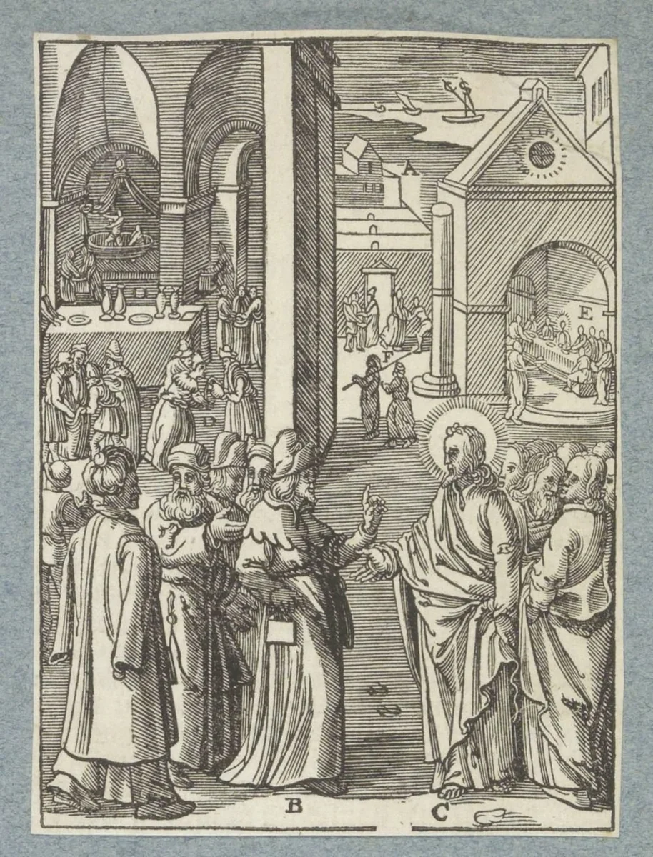Christus in gesprek met de farizeeën en schriftgeleerden by Christoffel van Sichem, print, 1629