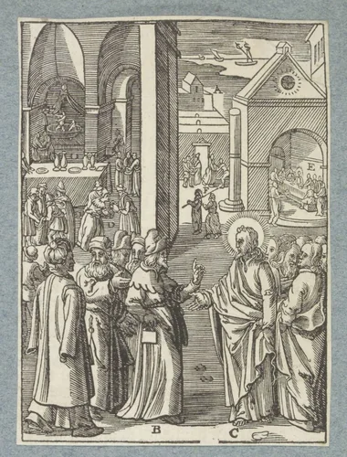 Christus in gesprek met de farizeeën en schriftgeleerden by Christoffel van Sichem, print, 1629