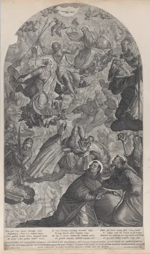 The vision of Saint Dominic, with God the Father and Christ at top center, the Virgin standing below on the crescent moon, and Saint Francis of Assisi and Saint Dominic in the foreground by Raphael Sadeler II, print, 1607