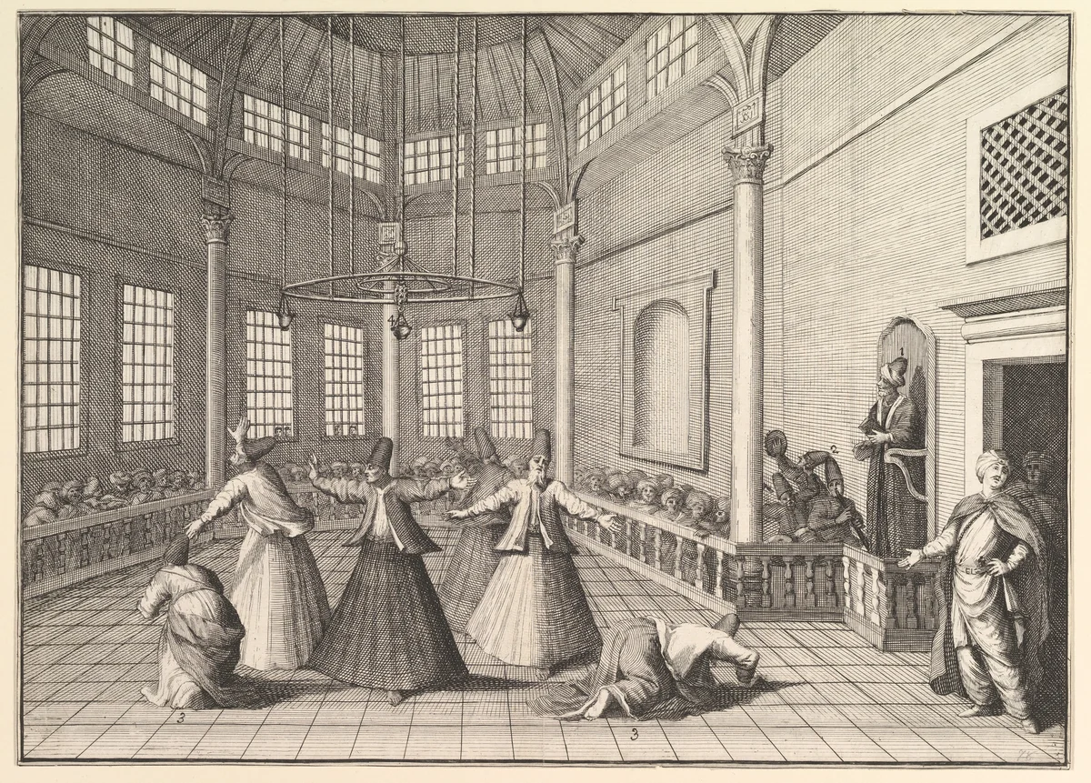 The Inside of a Mosque, the Dervishes Dancing (Aubry de La Mottraye's "Travels throughout Europe, Asia and into Part of Africa...," London, 1724, vol. I, pl. 16) by William Hogarth, print, 1723-1724