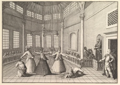 The Inside of a Mosque, the Dervishes Dancing (Aubry de La Mottraye's "Travels throughout Europe, Asia and into Part of Africa...," London, 1724, vol. I, pl. 16) by William Hogarth, print, 1723-1724