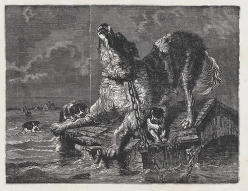 A large chained dog howling while puppies try to climb onboard a sinking dog house by Miguel Pacheco, print, 1856