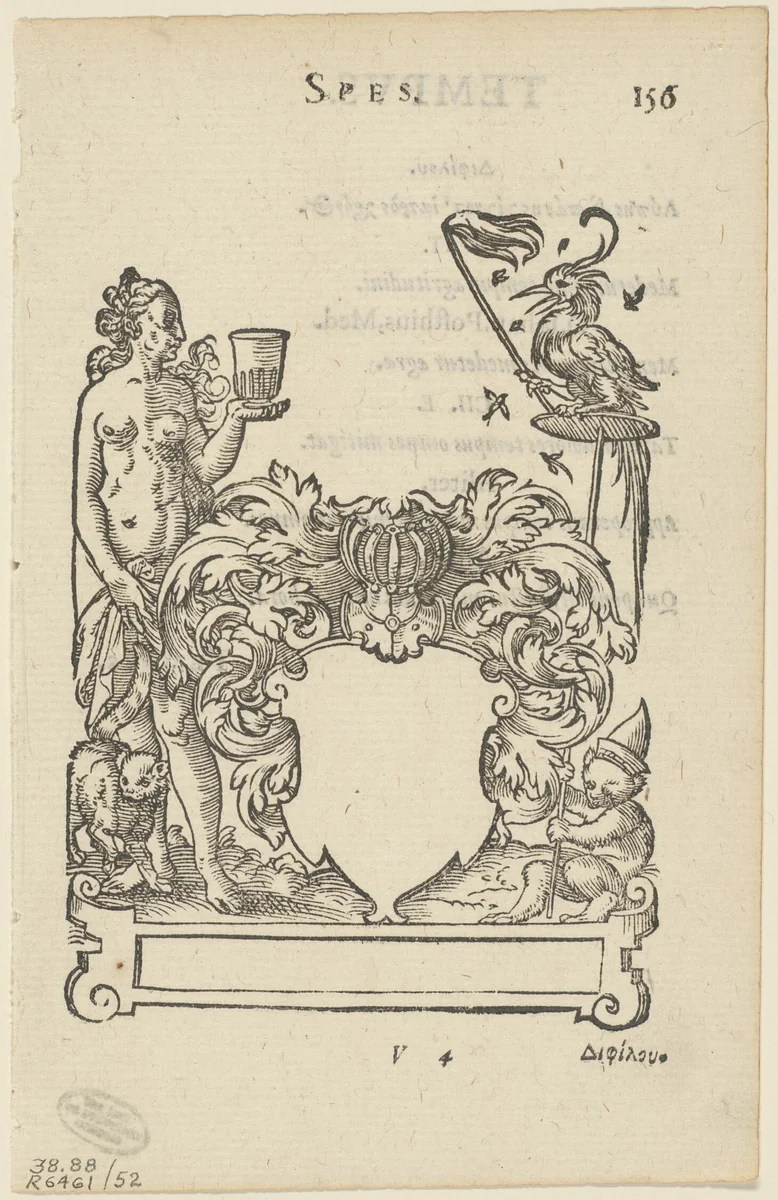 Emblem with Blank Heraldic Shield, folio 156 from the Anthologia Gnomonica by Jost Amman, print, 1579