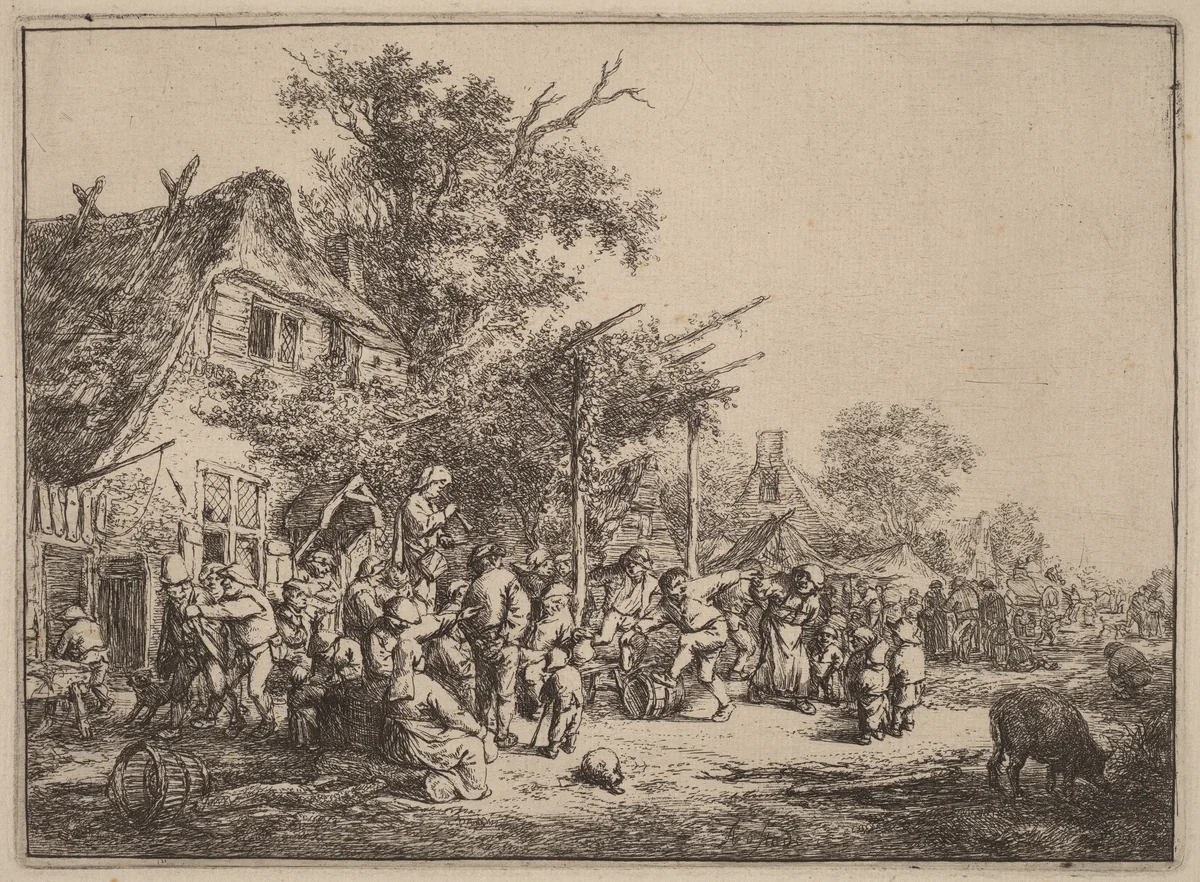 Village Kermesse with Peasants Feasting Under a Pergola by Adriaen van Ostade, print, 1647-1657