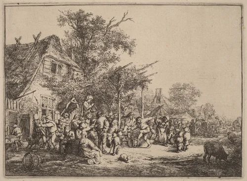 Village Kermesse with Peasants Feasting Under a Pergola by Adriaen van Ostade, print, 1647-1657