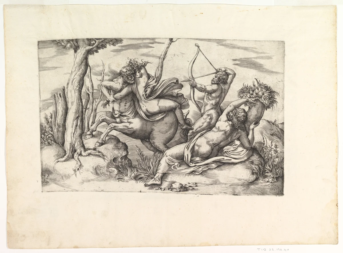 The Abduction of Dejanira, at center in the arms of the centaur Nessus, Hercules at right shooting the centaur with an arrow, Achelous reclining with his cornucopia at lower right by Battista Franco, print, 1525-1566