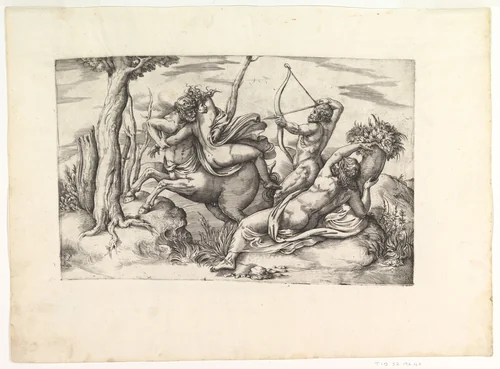 The Abduction of Dejanira, at center in the arms of the centaur Nessus, Hercules at right shooting the centaur with an arrow, Achelous reclining with his cornucopia at lower right by Battista Franco, print, 1525-1566