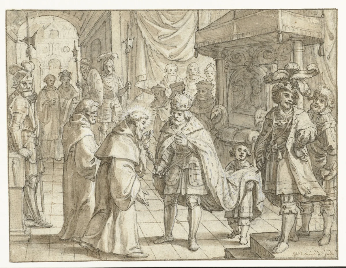 Heilige monnik op audiëntie bij een Duitse keizer by Pieter de Jode, drawing, 1580-1634