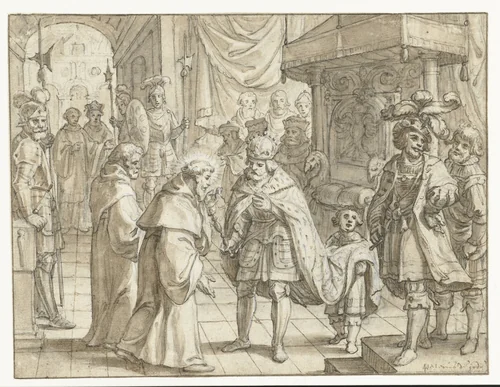 Heilige monnik op audiëntie bij een Duitse keizer by Pieter de Jode, drawing, 1580-1634