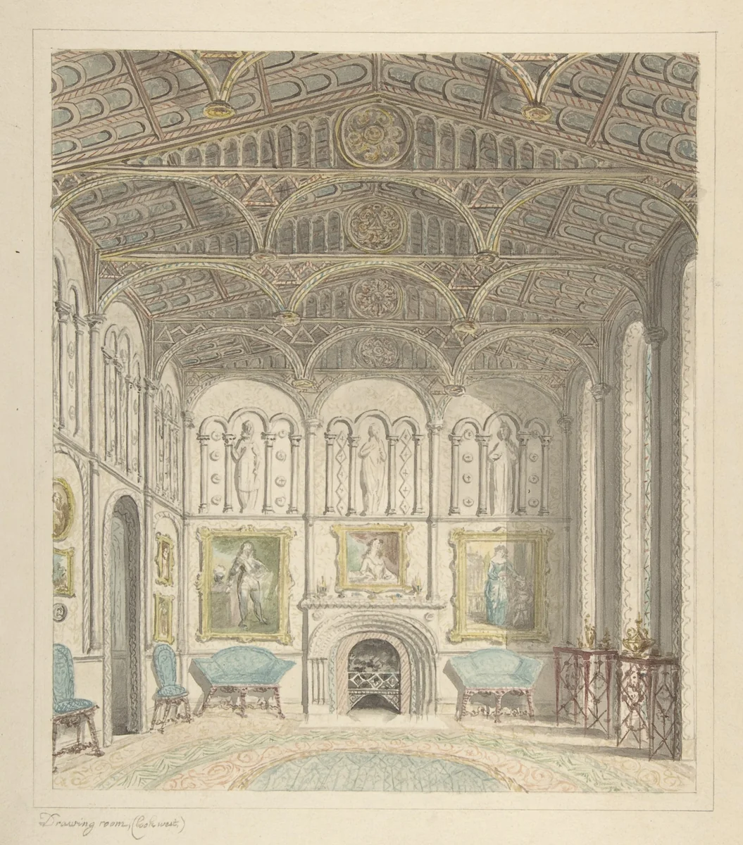 Drawing Room of Lea Castle, Looking West by John Carter, drawing, 1811-1821