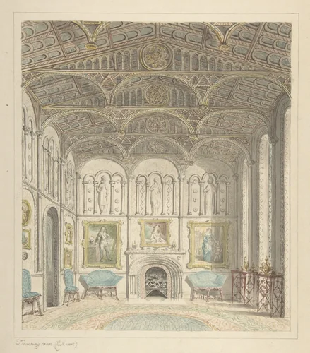 Drawing Room of Lea Castle, Looking West by John Carter, drawing, 1811-1821