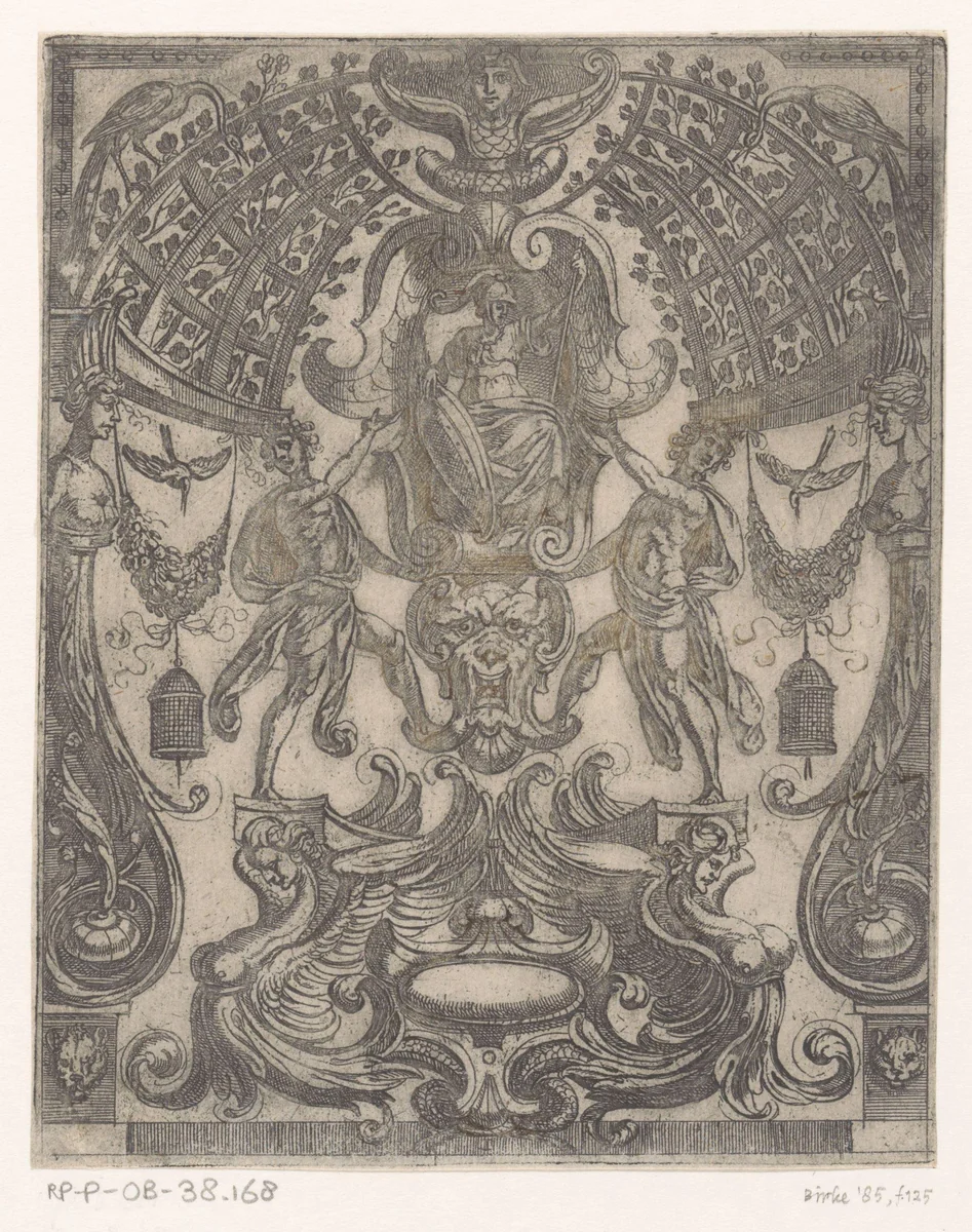 Grotesk ornament met de tronende godin Minerva in het midden by Antonio Tempesta, print, 1609