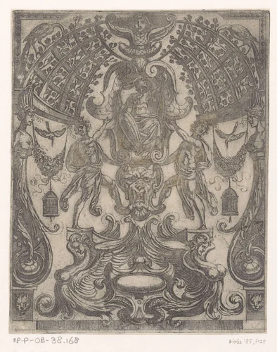 Grotesk ornament met de tronende godin Minerva in het midden by Antonio Tempesta, print, 1609