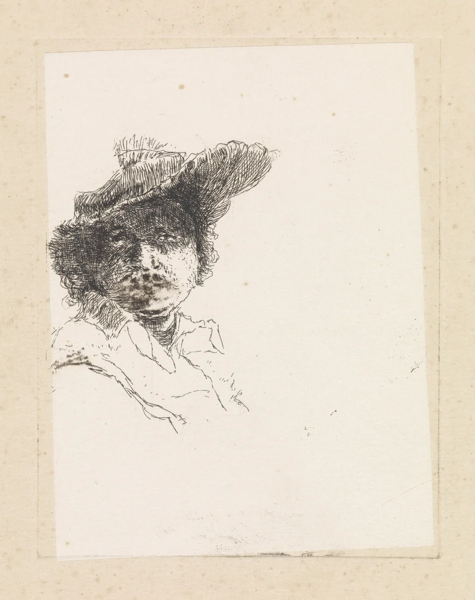 Buste van een man met hoed op het hoofd by Elias Stark, print, 1859-1933