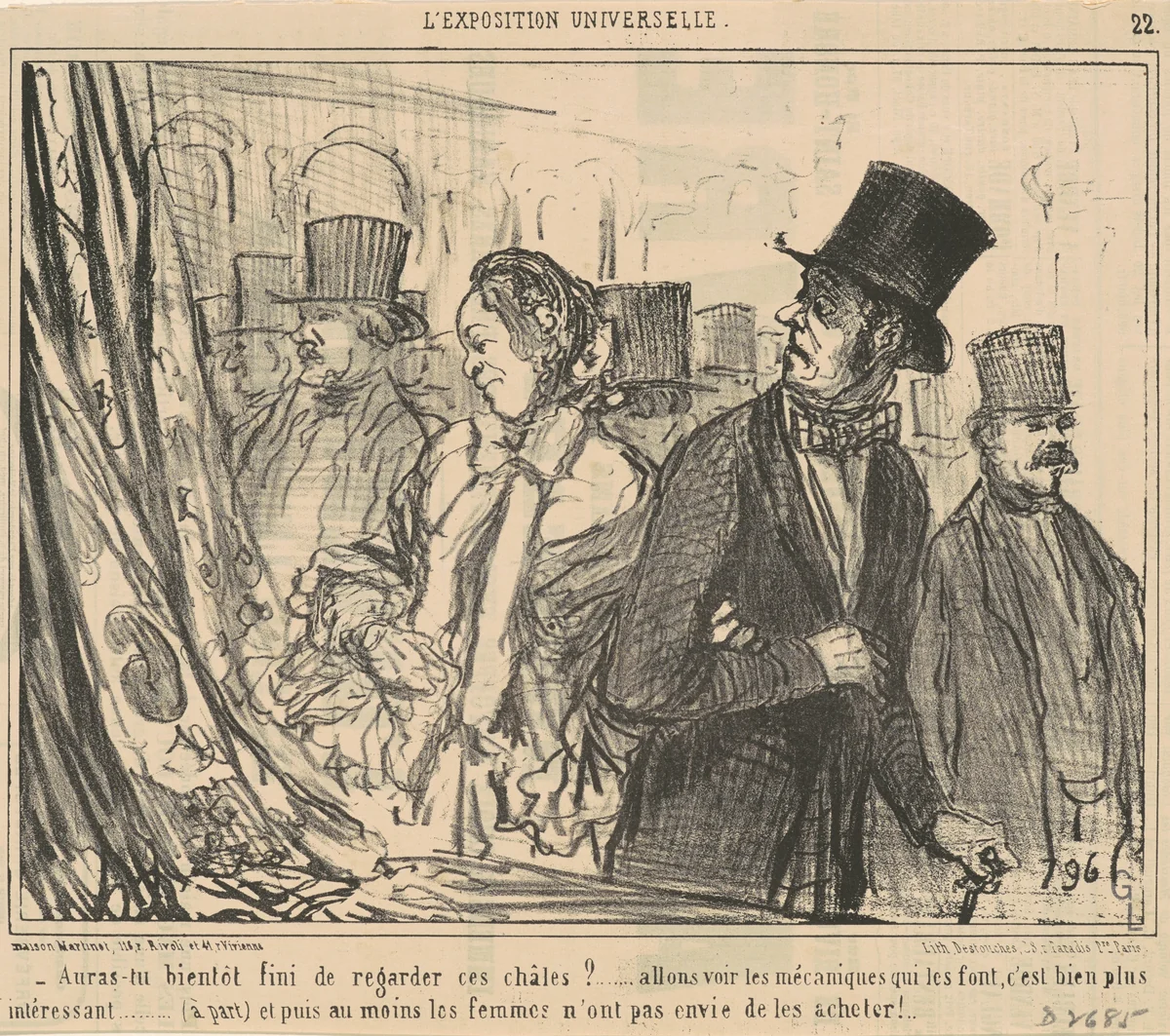 Auras-tu bientot fini de regarder ces chales? by Honoré Daumier, print, 1855