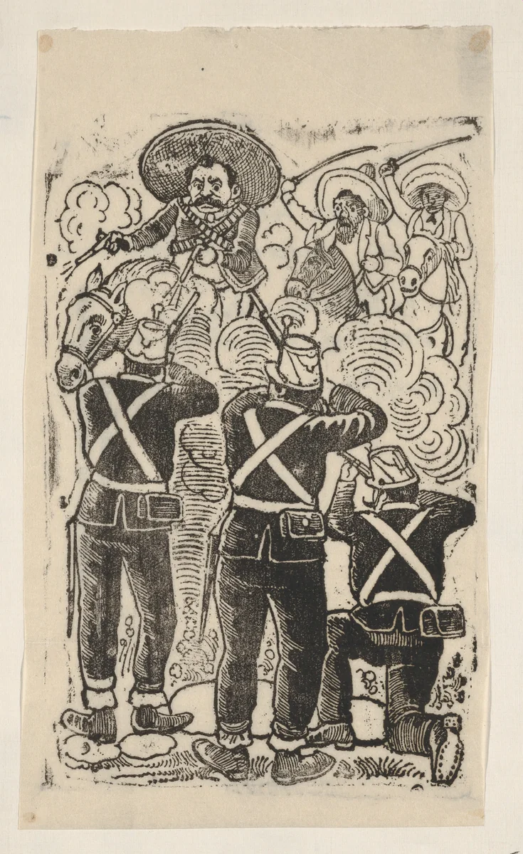 A gun fight between those supporting agrarian reform led by Zapata and the military opposition during the Mexican revolution by José Guadalupe Posada, print, 1910-1911