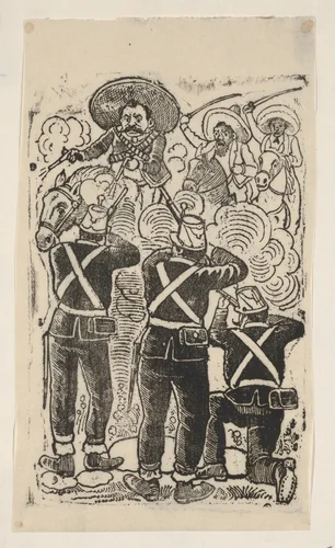 A gun fight between those supporting agrarian reform led by Zapata and the military opposition during the Mexican revolution by José Guadalupe Posada, print, 1910-1911