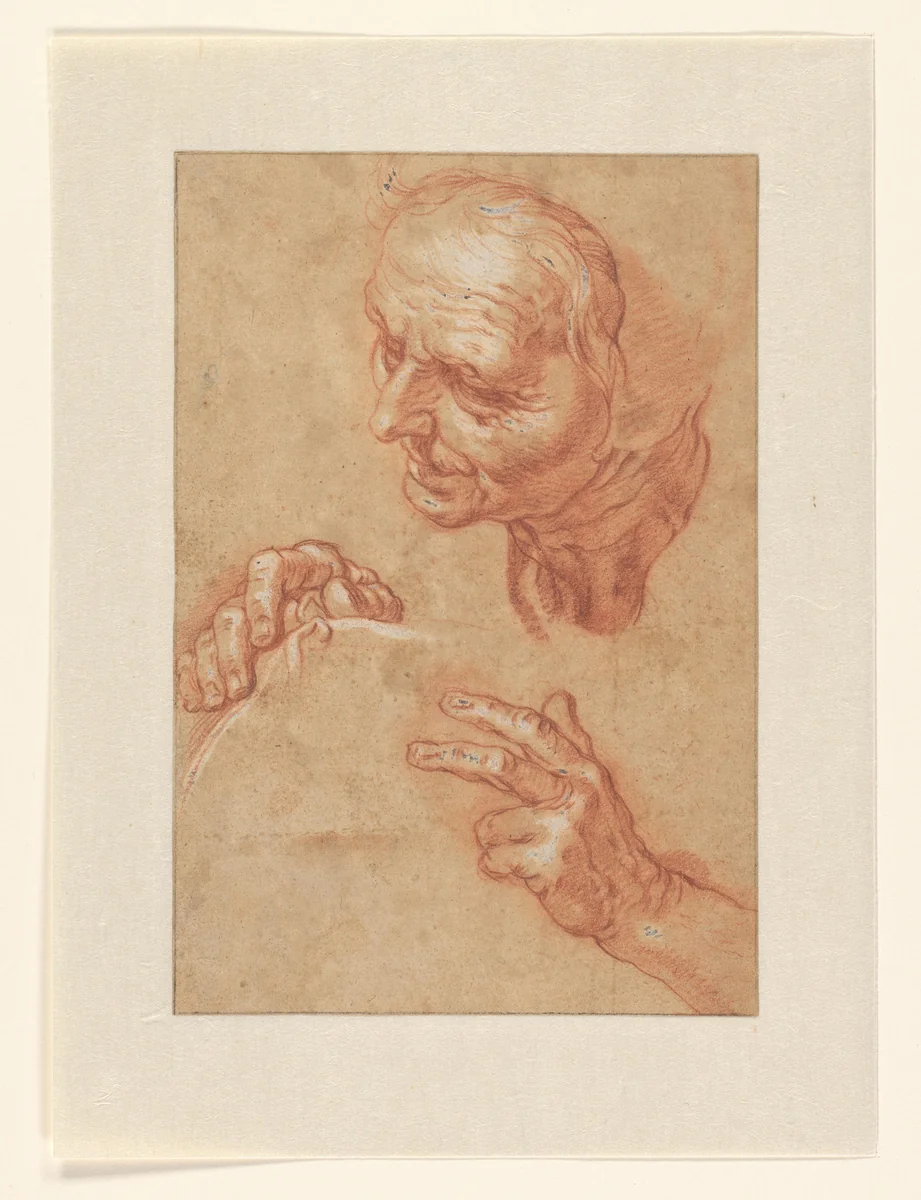 Studieblad met het hoofd van een oude vrouw en twee handen by Abraham Bloemaert, drawing, 1574-1651