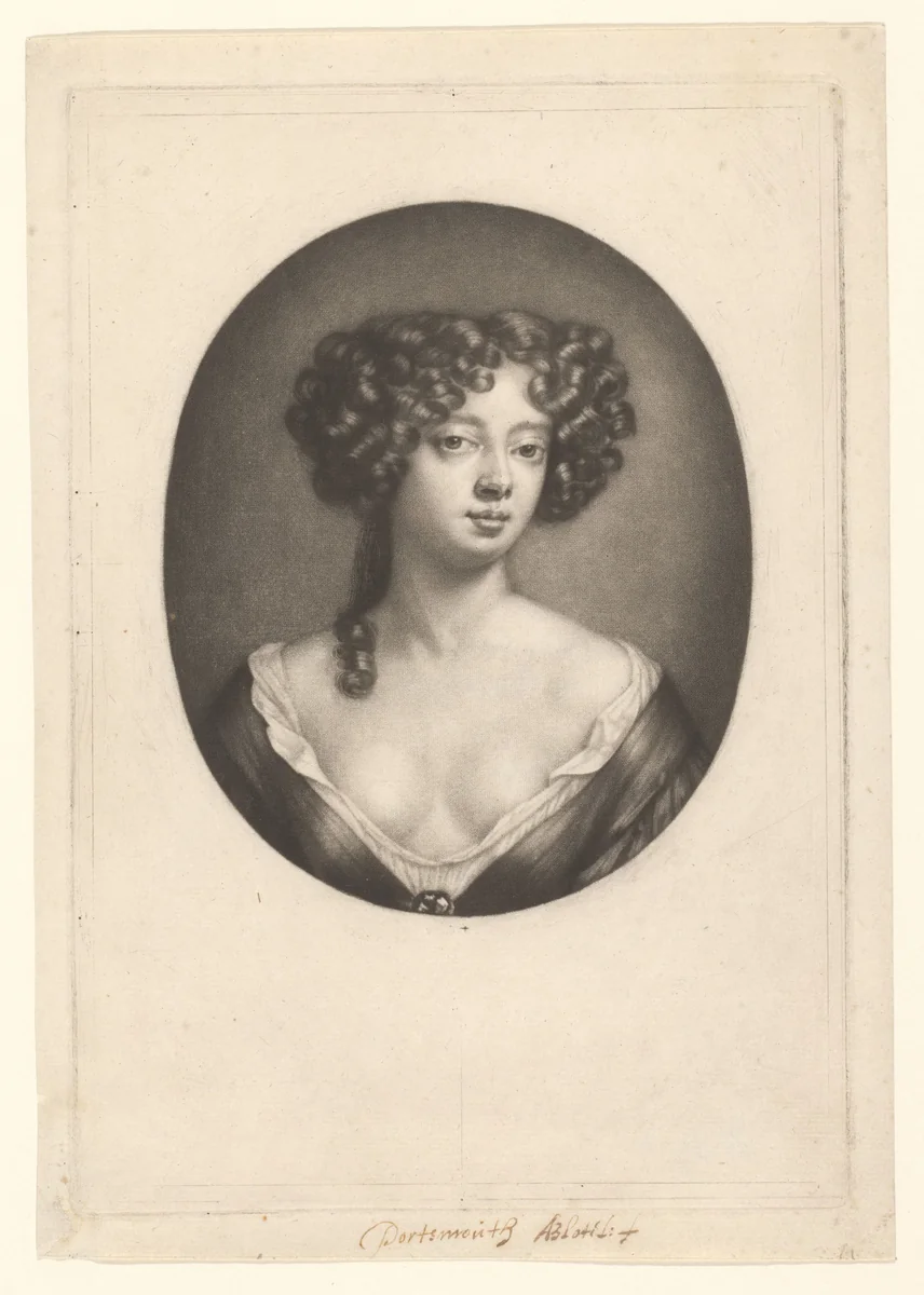 Portret van Louise, hertogin van Portsmouth by Abraham Bloteling, print, 1677