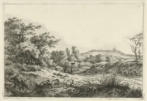 Landschap met herder en vrouw by Hermanus Fock, print, 1781-1822