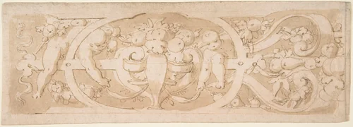 Frieze with Fruit, Foliage and Putti Climbing through Strapwork by anonymous, drawing, 1560-1577