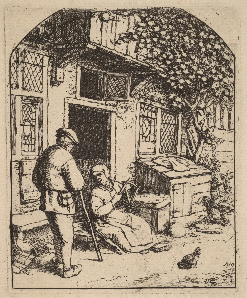 Two Peasants Outside a House, the Woman Winding Wool by Adriaen van Ostade, print, 1666-1676