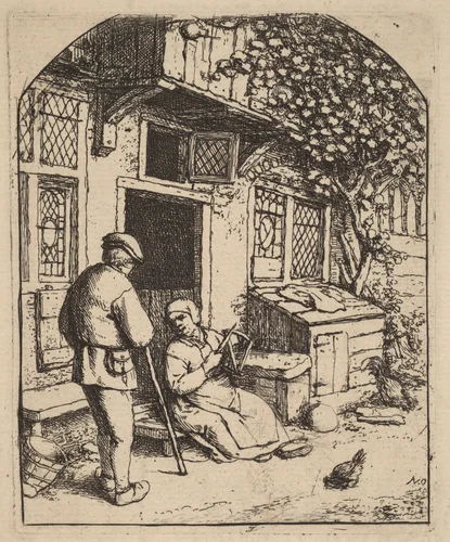 Two Peasants Outside a House, the Woman Winding Wool by Adriaen van Ostade, print, 1666-1676